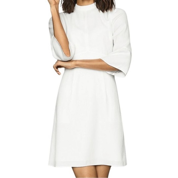 Reiss White Ivory Cora Plain Shift Dress Size 2 A Line Pockets Bell Sleeves - Picture 4 of 14